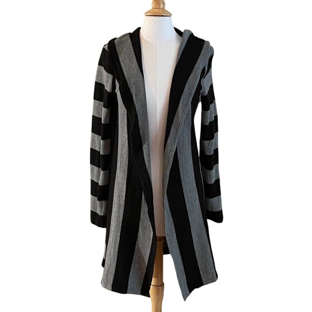 Ya Los Angeles Black Gray Rugby Stripe Long Open Cardigan Sweater Hood, Preppy L
